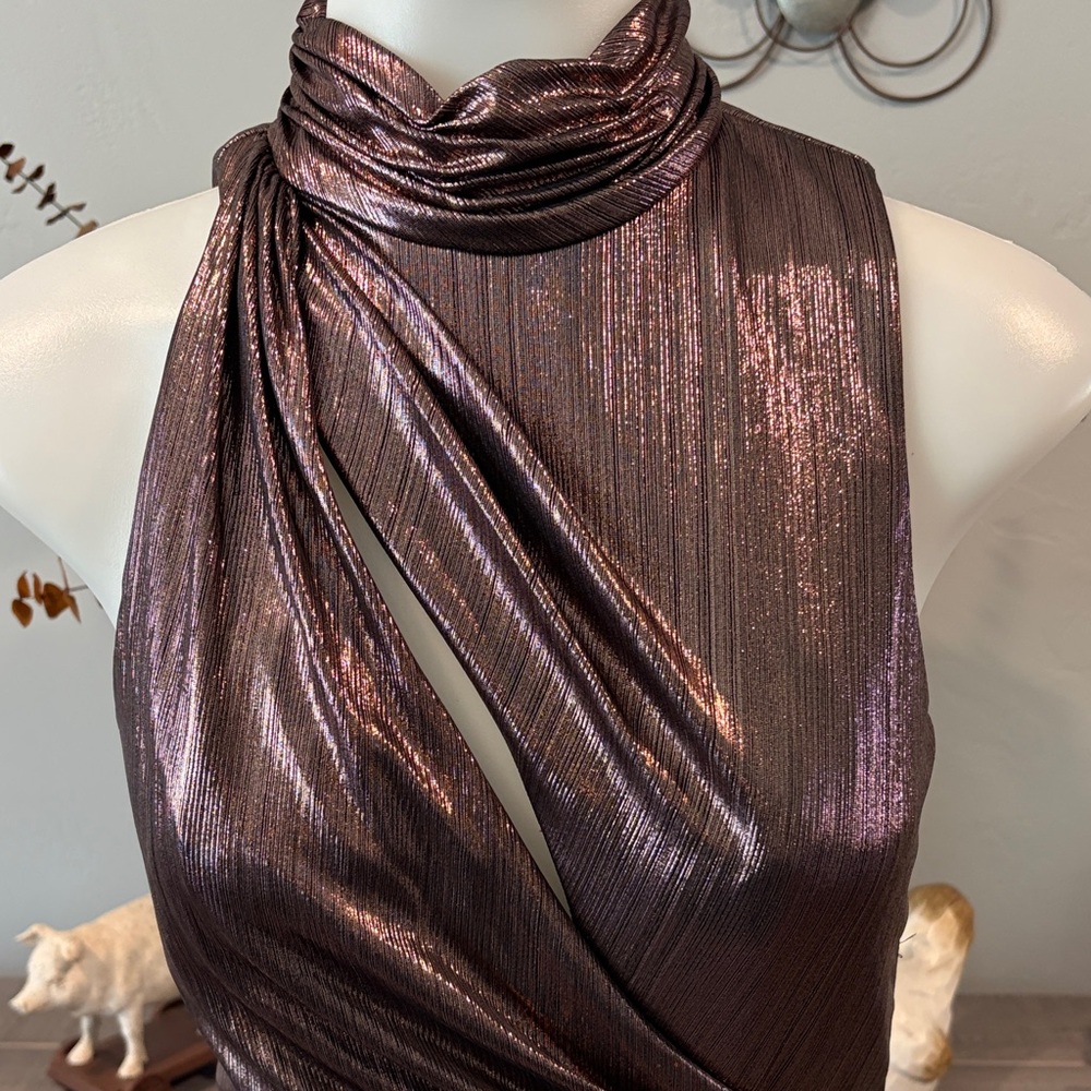 Metallic Ruched Halter Evening Dress - Picture 6 of 7